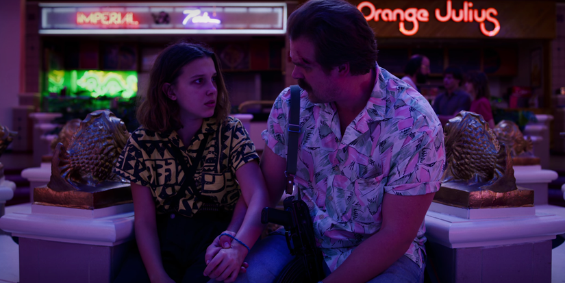 Hopper and Eleven in Starcourt mall in Stranger Things