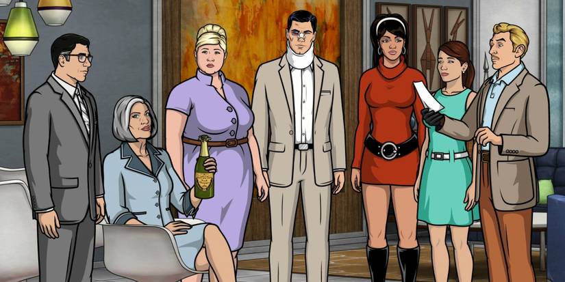 Seven secret agents stand around in discussion in the animated series 'Archer'.
