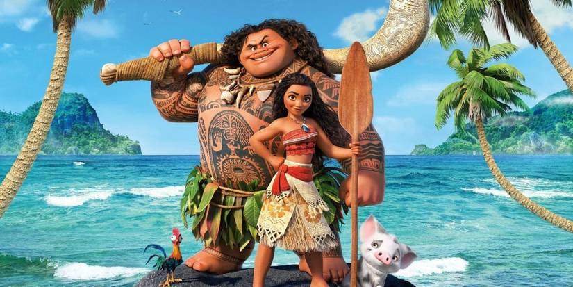 Moana and Maui posing on a beach in the film Moana