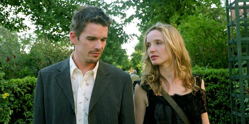 Ethan Hawke and Julie Delpy, as Jesse and Celine, walk through a park in 'Before Sunset'.