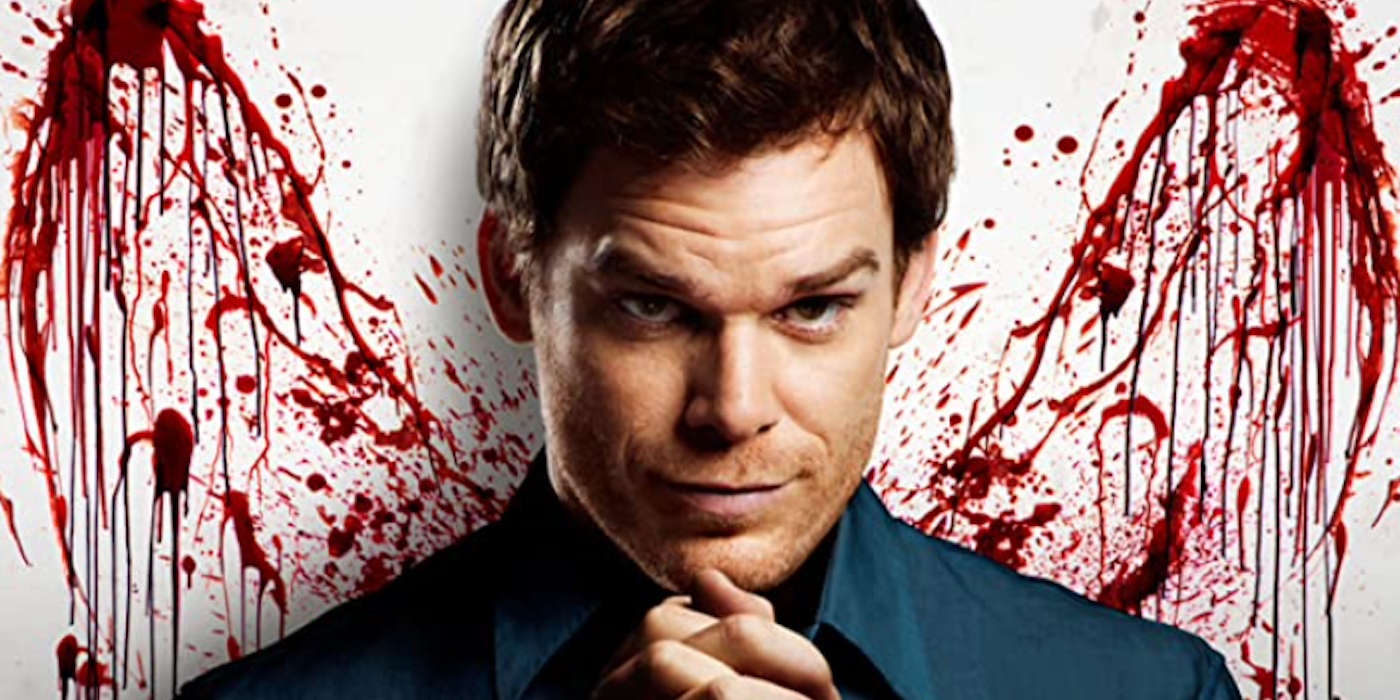 Michael C. Hall in a poster for Dexter with blood splattered like wings on the wall behind him.