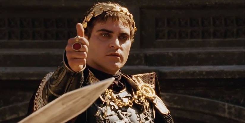Joaquin Phoenix with his thumb up in Gladiator