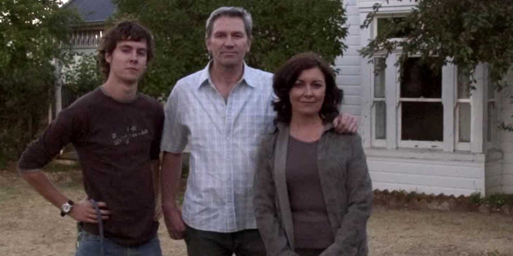 The Palmer family pose in front of their house in Lake Mungo.