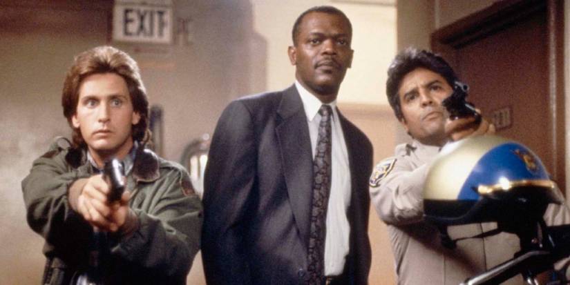 Emilio Estavez as Jack Colt with Samuel L Jackson as Wes Luger and Erik Estrada in Loaded Weapon 1
