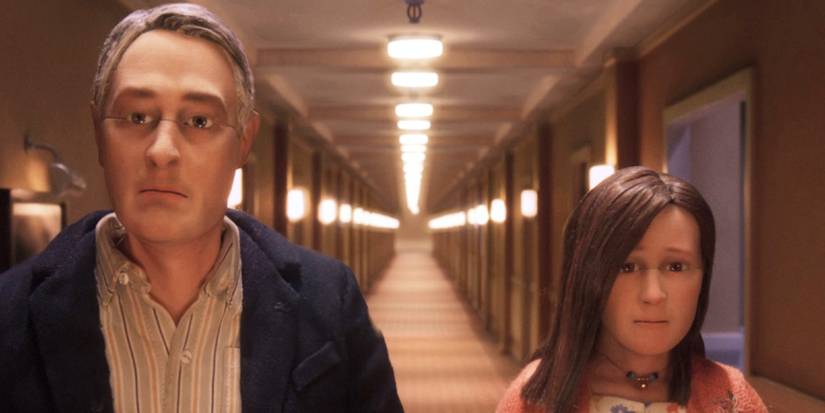 Michael and Lisa walking down a hotel hallway in stop-motion 'Anomalisa'