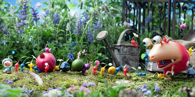 Several Pikmin on a garden with a snail