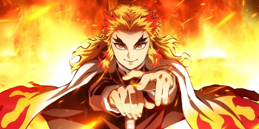 A warrior smiling at the camera while surrounded by fire in Demon Slayer