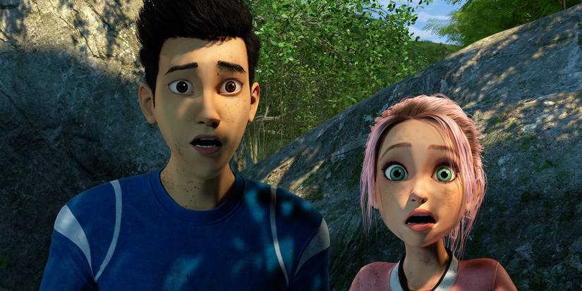Kenji and Brooklynn look shocked in Jurassic World: Camp Cretaceous.