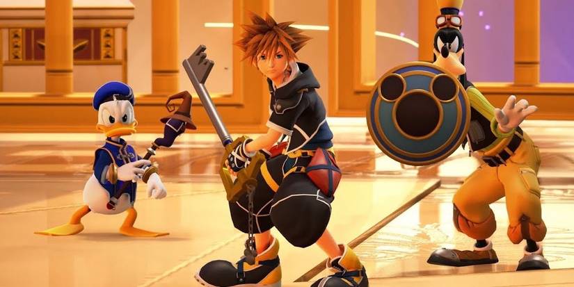 Donald, Sora, and Goofy preparing for battle in Kingdom Hearts 3