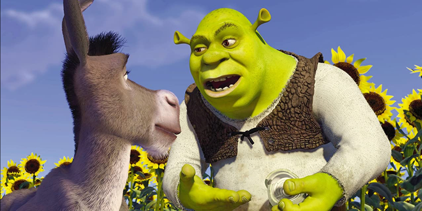 Shrek and Donkey talking in a field of sunflowers