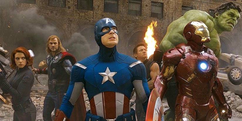 The cast of The Avengers (2012) ready to fight Loki and the Chitauri.