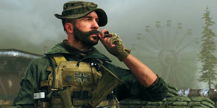 Captain Price smoking in a misty forest in Call of Duty 4: Modern Warfare