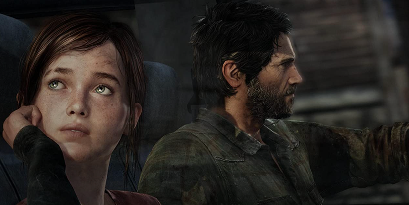 The characters voiced by Ashley Johnson and Troy Baker sit in a vehicle in The Last of Us video game.