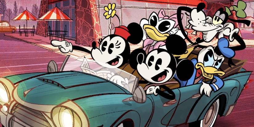 Mickey Minnie Donald Daisy and Goofy in a convertible on the poster for the wonderful world of mickey mouse