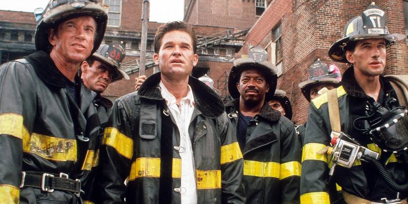Scott Glenn, Kurt Russell, Cedric Young, and William Baldwin in Backdraft. 