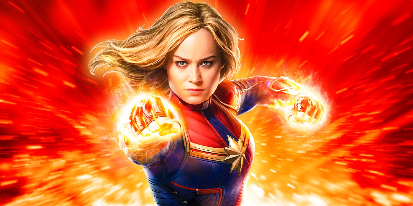 Brie Larson as Captain Marvel with powerd up fists for The 