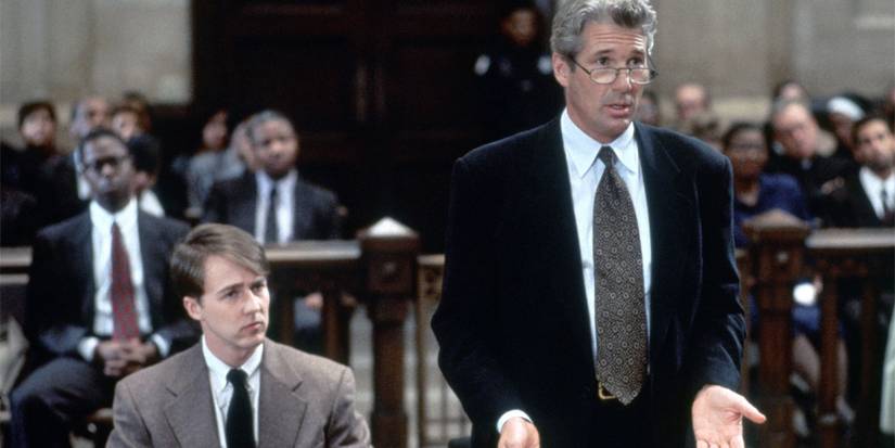 Edward Norton and Richard Gere in a courtroom in Primal Fear.