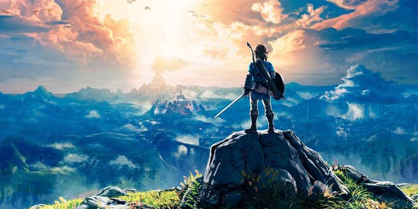 Zelda Breath of the Wild poster featuring Link on a mountain looking at Hyrule