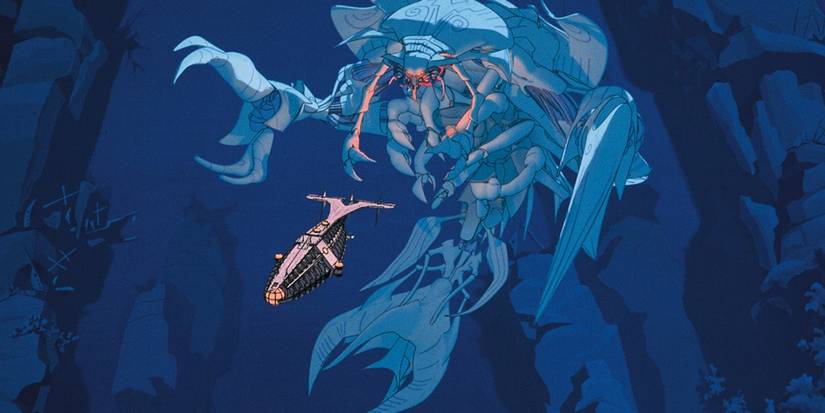 A ship escaping from a massive mechanical monster underwater in the film Atlatnis: The Lost Empire.