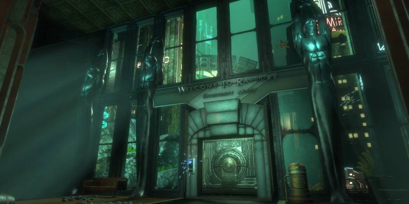 The entrance to a building in BioShock