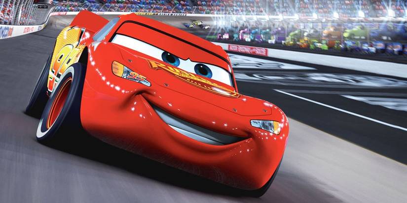Lightning McQueen, voiced by Owen Wilson, speeding around a racetrack in Cars