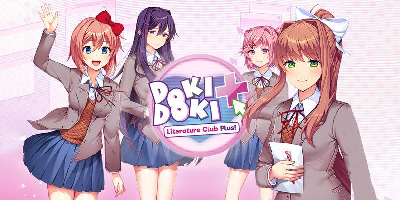 A group of school girls in doki-doki-literature-club-plus