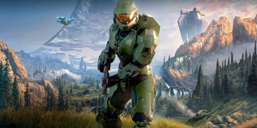 Master Chief with Zeta Halo in the background on the cover art of Halo Infinite.