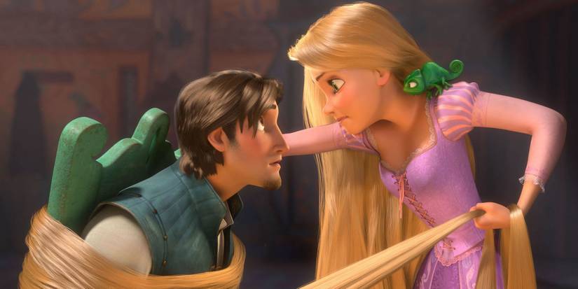 Rapunzel using her hair to trap Flynn Rider in Tangled.