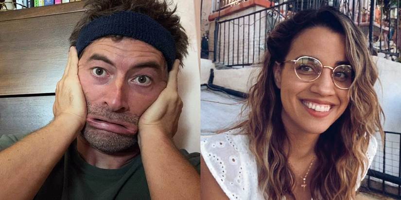 A split screen with a man and a woman in Language Lessons