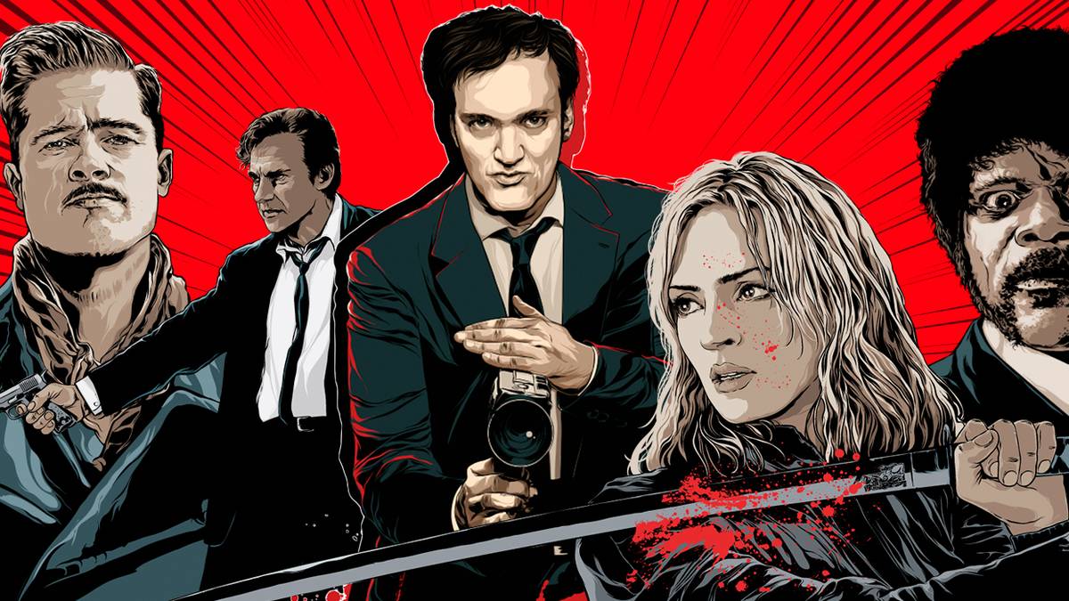 A custom image of protagonists from Quentin Tarantino films, with Tarantino in the middle