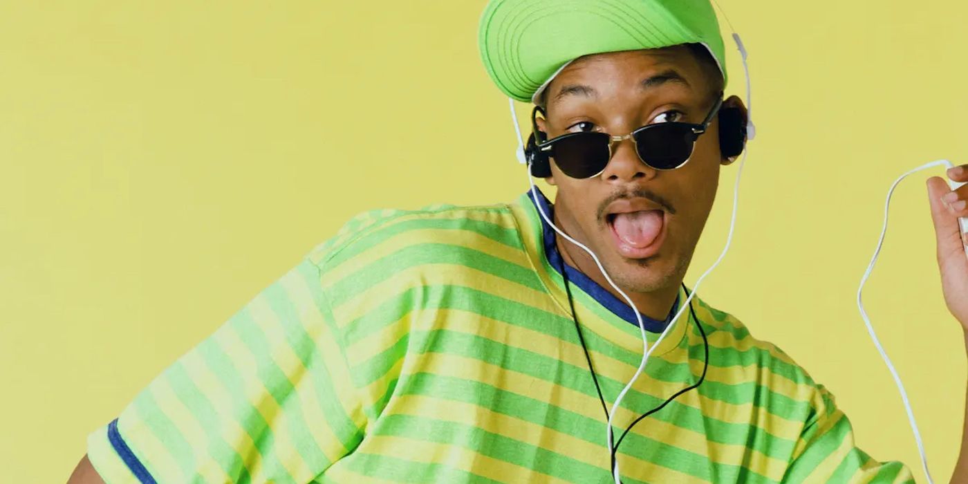Will Smith from 'The Fresh Prince of Bel-Air' in a green outfit with sunglasses and headphones on a yellow background. 
