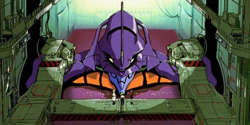 The head of a mecha aboard a plane in Neon Genesis Evangelion