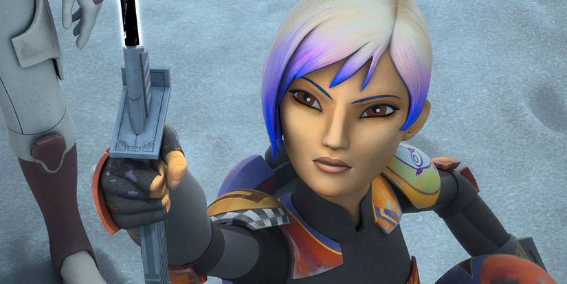 Sabine Wren holding up the Darksaber in Star Wars: Rebels