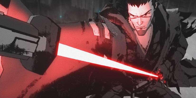 The character of Ronan drawing his lightsaber in Star Wars: Visions