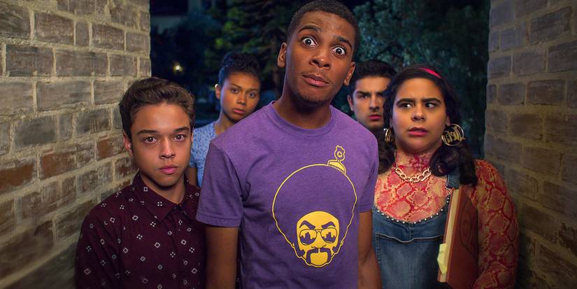 On My Block's main cast standing at someone's front door wearing varying expressions. 
