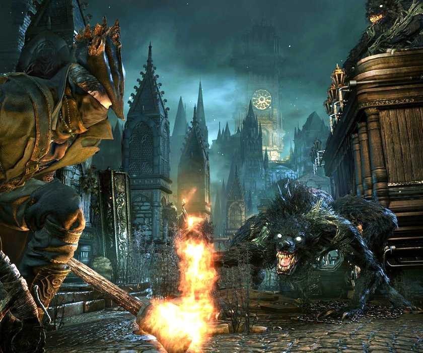A warrior kneeling down while facing werewolves in Bloodborne