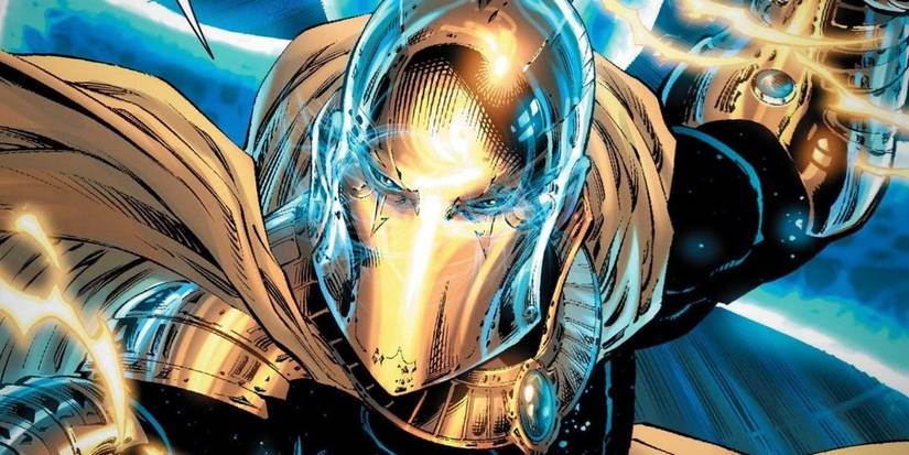 Doctor Fate surrounded by blue lightning in DC Comics.