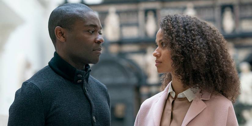 Gugu Mbatha-Raw and David Oyelowo look intently at each other while outdoors in The Girl Before.