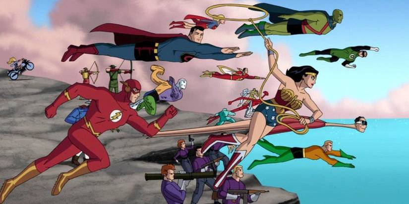 The Justice League launching into battle in Justice League: The New Frontier.