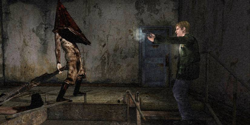 A man shooting at Pyramid Head in Silent Hill 2