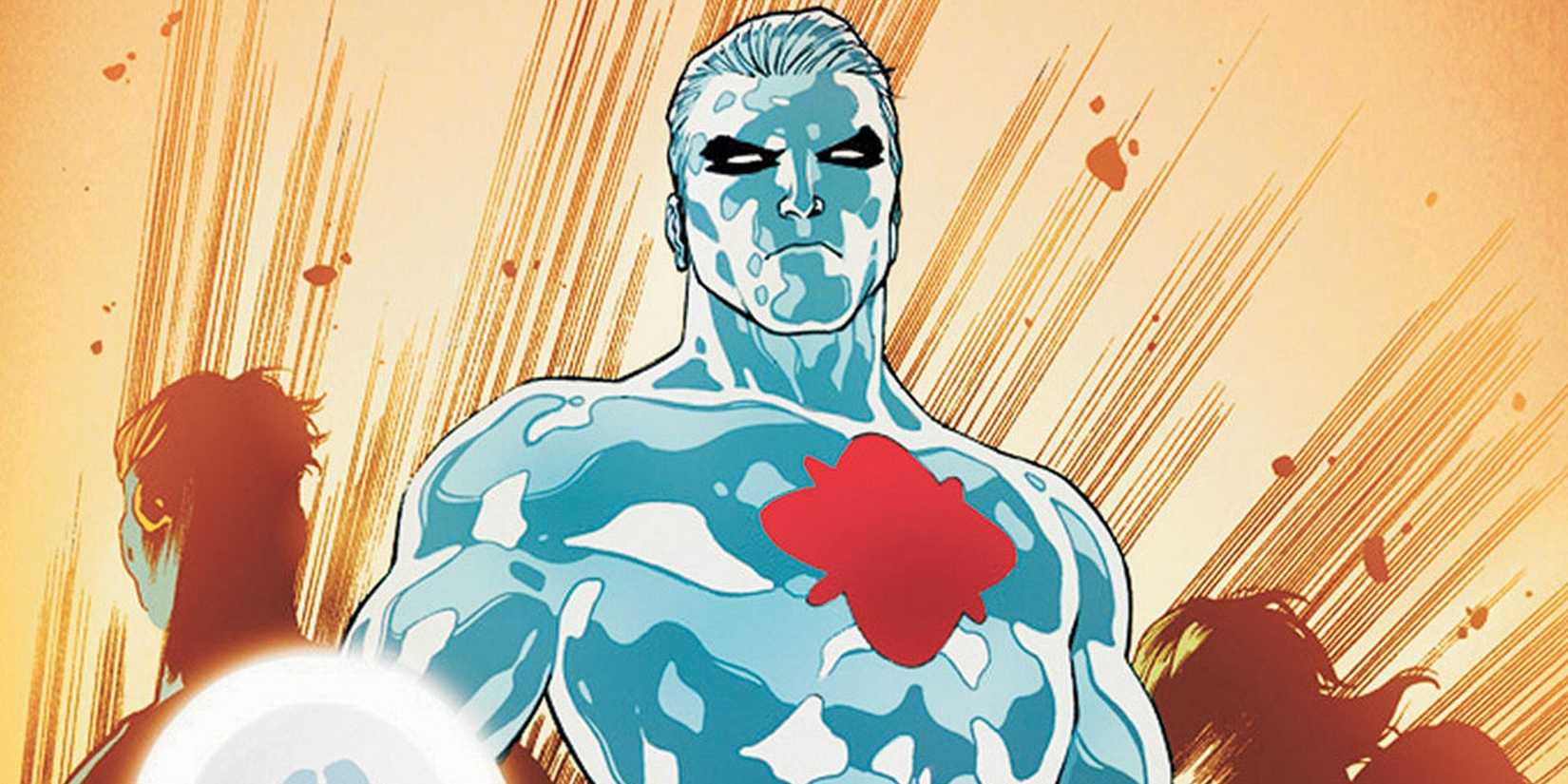 Captain Atom facing away from an explosion in DC Comics.