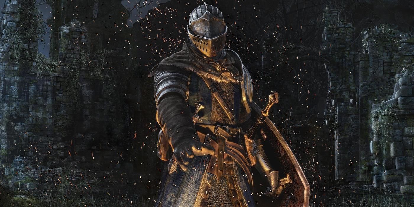 A knight under the rain aiming a sword at the camera in Dark Souls