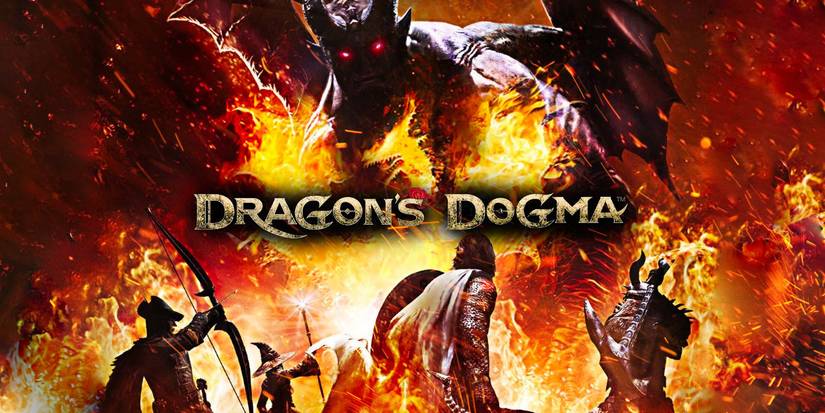 Characters facing a demon surrounded by fire in dragons-dogma