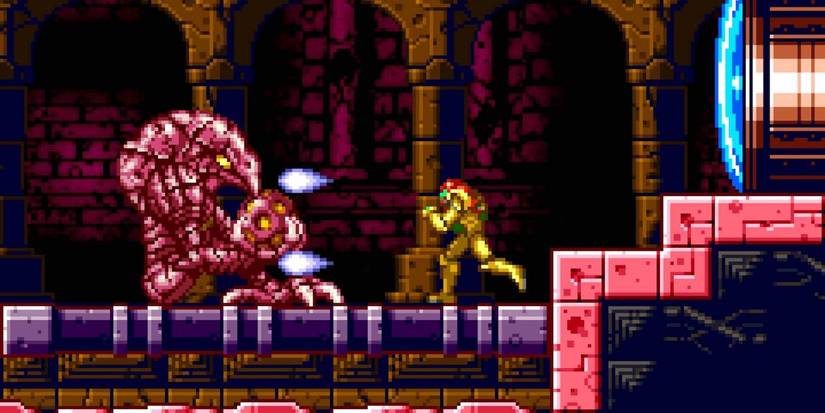 Samus running towards a monster in Metroid: Zero Mission