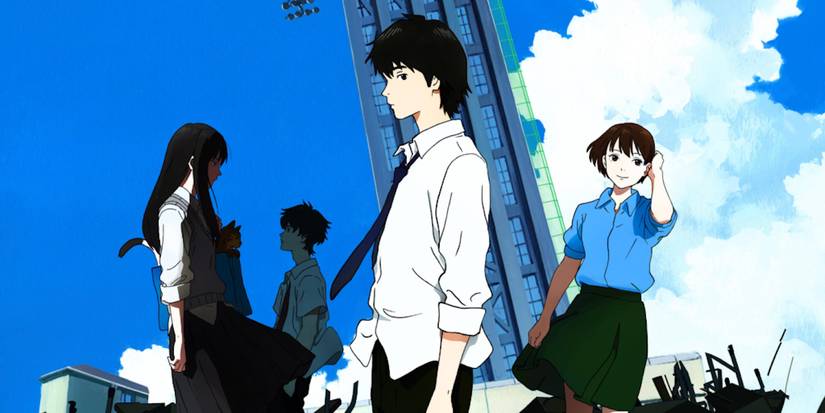 The characters stand outside with a blue sky and a tall building in Sonny Boy.
