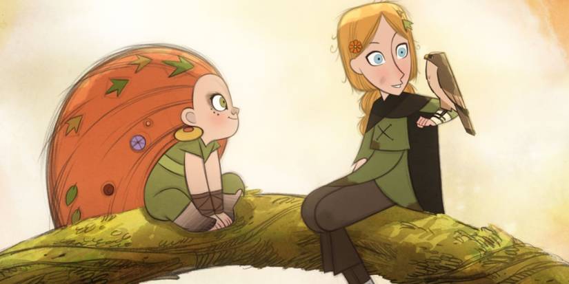 Mebh and Robyn sitting on a tree in 'Wolfwalkers'