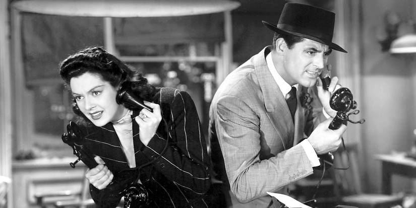 Rosalind Russell and Cary Grant on the phone in His Girl Friday