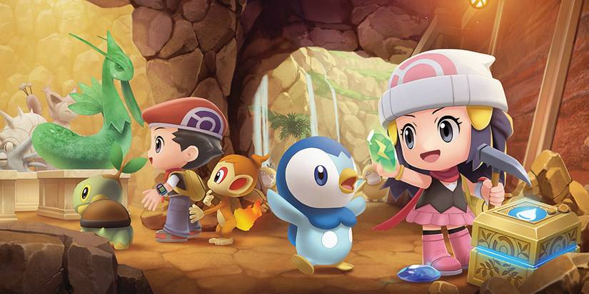 Lucas and Dawn in the Sinnoh underground with Turtwig, Chimchar, and Piplup in Pokémon BDSP