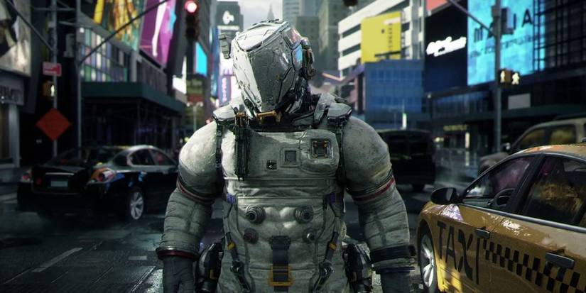 A man in a robotic suit in a city in Pragmata