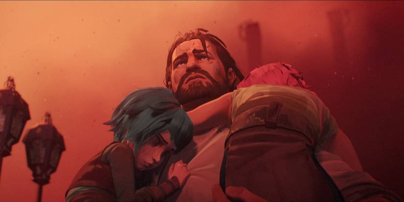 Vander (JB Blanc) hugging Vi (Hailee Steinfeld) and Powder (Mia Sinclair) in a red wasteland in Arcane.